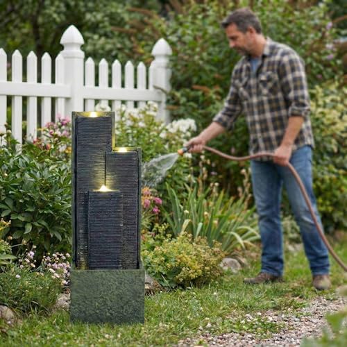 39'' H Modern Cascading Outdoor Water Fountain with LED Lights, Freestanding Tiered Water Feature for Garden, Patio, Porch, Lawn & Backyard Decor,Resin,Natural Texture,Weather-Resistant - Image 6