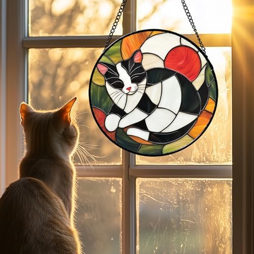 Cozy Tuxedo Cat Stained Glass Window Hanging Suncatcher Gift for Mom 12" - Image 2