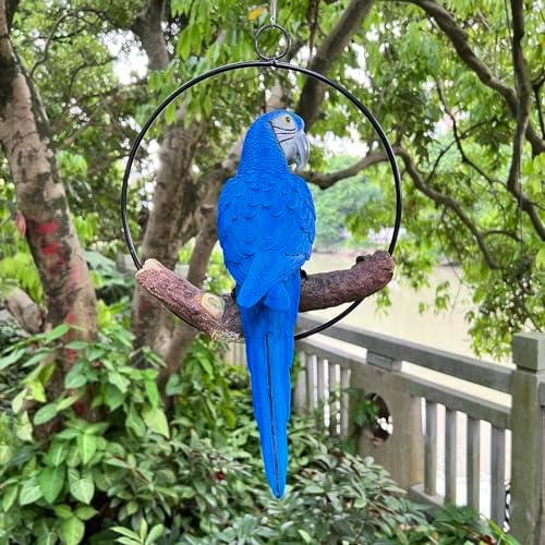 Hanging Scarlet Macaw Parrot Perching on Branch in Metal Round Ring for Home Patio Garden Decor 16" H (Blue and Yellow) - Image 5