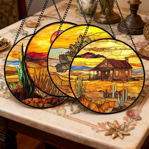 DASTOLL Stained Glass Window Hanging 4 Pcs Set Desert Sunset Theme Landscape 7.8" - Suncatcher Door Garden Sun Catcher Decor Birthday Christmas for Mom Woman Nana Men - Image 2