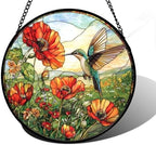 Hummingbird Poppy Stained Glass Window Hanging Suncatcher Gifts Decor 9.8" by DASTOLL