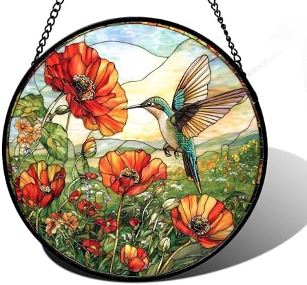 Hummingbird Poppy Stained Glass Window Hanging Suncatcher Gifts Decor 9.8" by DASTOLL