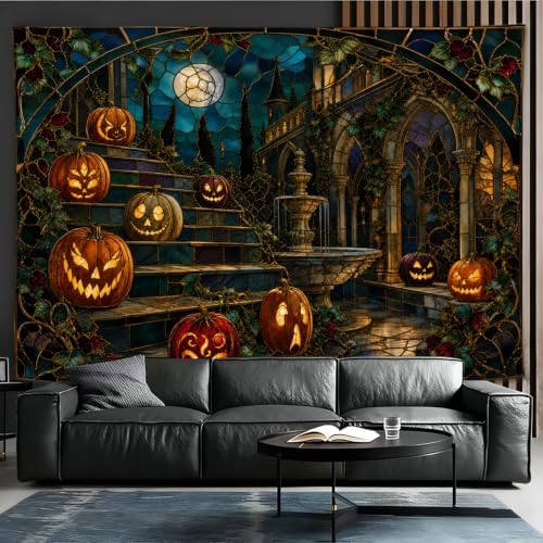 Halloween Pumpkin Tapestry, Gothic Stained Glass Courtyard Decor 70x90inch by Unknown