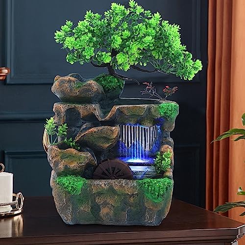 Rockery Stream Tabletop Fountain, Small Artificial Bonsai Tabletop Decor Fountain Rockery, Desktop Fountain Waterfall for Indoor Outdoor Office Home Decor w/LED Light - Image 3