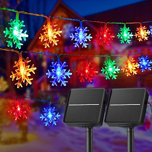 Brightown Solar Christmas Snowflake String Lights - 2 Pcs 100 LED 39 FT Outdoor Waterproof Fairy Lights with 8 Lighting Modes for Wedding, Party, Tree, Garden, Patio, Yard, Home, Multicolor by Brightown
