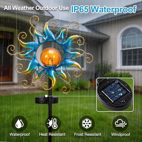 Solar Lights Outdoor Garden Decor, Blue Metal Sun Crackle Glass Globe Stake Waterproof 30LED Decorations Unique Gifts for Women,Mom,Outside, Patio,Lawn,Yard,Pathway - Image 4