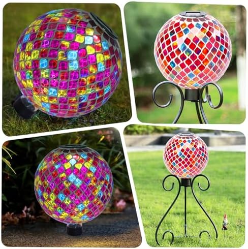 VCUTEKA Solar Gazing Ball, 10" Mosaic Glass Garden Globe Outdoor Decor, Red - Image 6