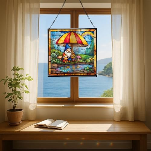 Gnome with Umbrella Stained Glass Suncatcher – Square Hanging Window Panel for Home, Garden, Nursery, Halloween, Christmas, Memorial Day – Whimsical Glass Art Gift for Gnome Lovers h4vwi8 - Image 6