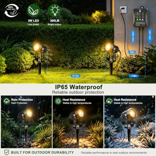 All-in-One Low Voltage Landscape Lighting Kit, 8-Pack LED Landscape Lights with Smart Transformer, 70FT Pre-Wired Cable, IP65 Waterproof Outdoor Spotlights, 3000K Warm White for Yard Garden Pathway - Image 4