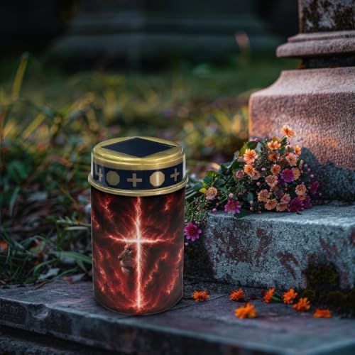 Poceacles Solar Lights Outdoor Grave Candle for Cemetery Decoration Solar Outdoor Lights for Garden Lawn Backyard Pathway Decor, Lion Cross Cloud Print Red, 2 Piece Set - Image 3
