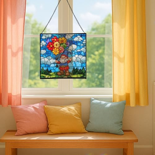 Balloon Bouquet Gnome Stained Glass Suncatcher – Square Hanging Window Panel for Home or Greenhouse – Whimsical Glass Art Gift for Garden Lovers, Christmas, Halloween, Father Days 6StD07 - Image 5