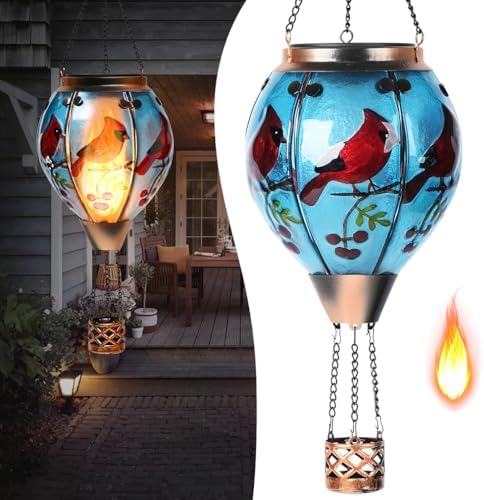 Hot Air Balloon Solar Lantern - Cardinal Bird Glass Lantern, Simulated Flickering & Dancing Flame, Outdoor Hanging Yard Light Waterproof IP65 for Patio Lawn Porch Decor Gift by Unknown