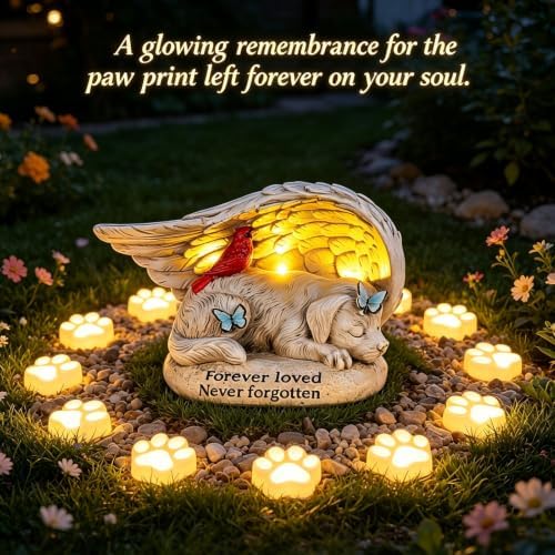 Dog Memorial Stone with Solar Lights Angel Wings Cardinal 8 Inch - Image 2