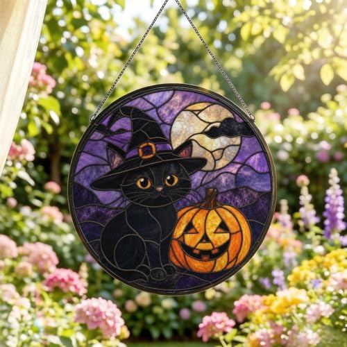 Blact Cat Witch Hat Halloween Stained Glass Suncatcher 9.8" Colorful Window Hanging Ornament, Retro Sun Catcher Decor with Chain for Home Wall Garden Birthday Christmas Mothers Day - Image 2