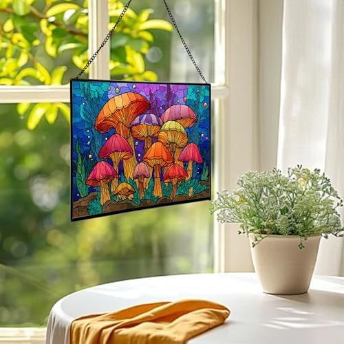 Rainbow-Colored Mushroom Cluster Rectangular Stained Glass Suncatcher – Hanging Window Panel with Animal & Nature Scene – Vibrant Glass Art Gift for Wildlife, Fantasy, Nature Lovers q1PtJt - Image 2