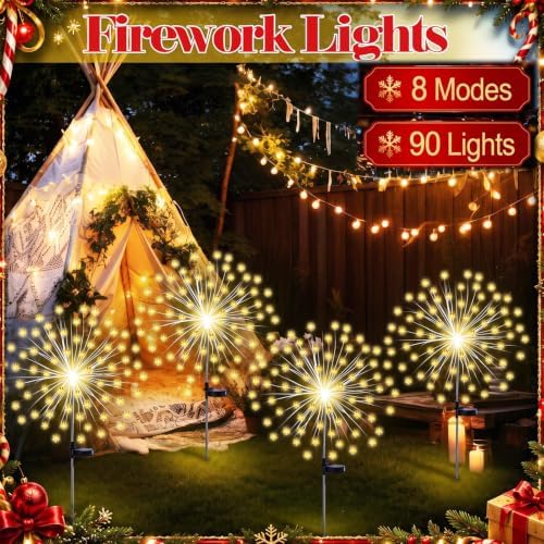 Tujoe 4 Pcs Pentagram Solar Firework Lights Decorations Garden Pathway Solar Power Light Stake Waterproof with 90 LED 8 Modes Star Firework Lights Decoration for Outside Decor, Warm White - Image 6