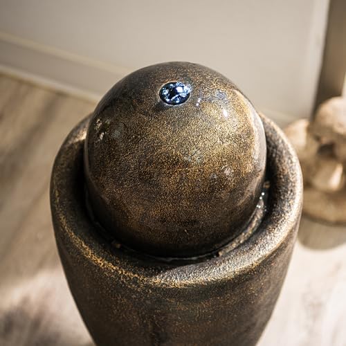 XBrand 25.98" Modern Sphere Water Fountain with LED Light – Indoor Outdoor Stone Texture Floor Fountain, Zen Bubbling Ball Water Feature for Garden Patio Porch - Bronze - Image 2