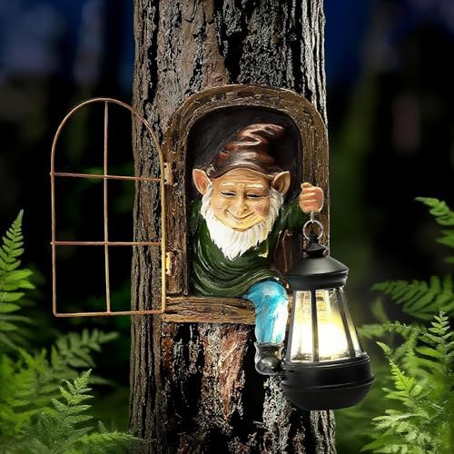 Garden Gnome Statue, Tree Faces Decor Outdoor with Solar Lantern by Home