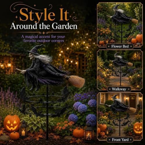 The Enchanted Witch Garden Wind Spinner, Metal Halloween Yard Art, Outdoor Garden Stake Decoration, Halloween Decorations Outdoor with Flying Witch Kinetic Bat Ring, for Garden Patio Pathway (1PCS) - Image 5