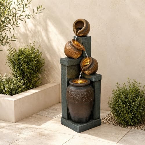Outdoor Water Fountain with LED Lights, 34.84" Resin Tiered Jar Fountain for Patio, Garden, Porch, Backyard Decor, Freestanding Cascading Garden Fountain - Image 3