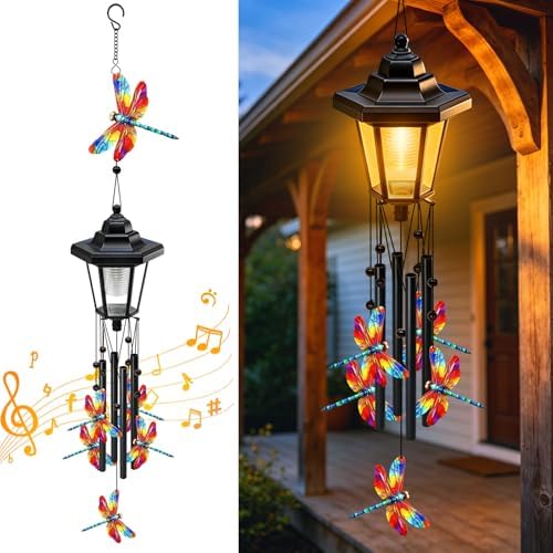 Large Solar Dragonfly Wind Chimes, Gifts for Women Mom Grandma Wife Sister Daughter Neighbor, Black Metal Wind Chimes with Wind Catcher, Solar Decor Lights for Outdoor Garden Patio Yard Porch Window by YJFWAL
