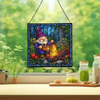 Berry Jam Gnome Stained Glass Suncatcher – Square Hanging Window Panel for Home or Greenhouse – Whimsical Glass Art Gift for Garden Lovers, Christmas, Halloween, Father Days uCi2nS - Image 2