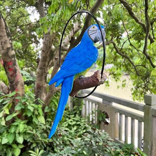Hanging Scarlet Macaw Parrot Perching on Branch in Metal Round Ring for Home Patio Garden Decor 16" H (Blue and Yellow) - Image 6