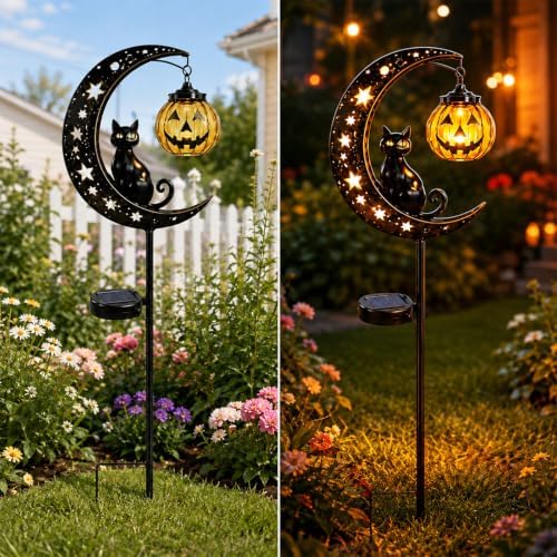 Solar Halloween Black Cat & Pumpkin Moon Garden Stake Light, with Hanging Pumpkin Lantern, Outdoor Halloween Decorations Yard Decor Lights for Garden, Patio, Lawn, Walkway, Porch(Style-A) - Image 5