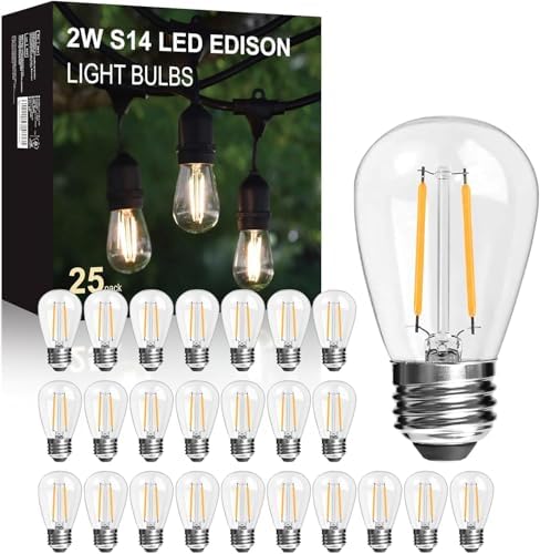 25 Pack 2W S14 LED Glass Bulbs for Outdoor String Lights Replace by LangPlus