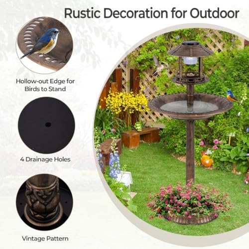 LDAILY Outdoor Bird Bath, 42’’ Solar Lighted Pedestal Birdbaths with Birds Feeder ,20’’ Water Bowl, Flower Planters and 3 Stakes, Attract Birds Antique Bird Bath for Outside Garden, Yard (Bronze, 42‘’) - Image 3