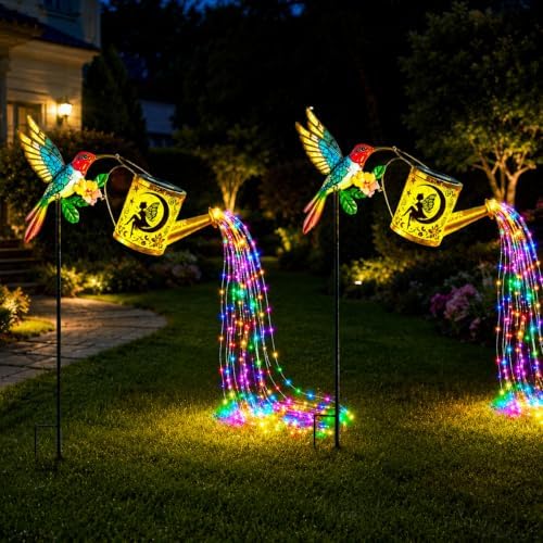 Solar Watering Can Lights Outdoor Lights 800LM IP44, Hummingbird Flower Cascading Fairy Lights, Warm White LED Garden Path Decor, Patio, Pond, Christmas Halloween Wedding Party Outdoor Festival Decor by Vukjep