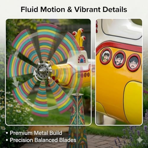 2D Nautical Yellow Submarine Wind Spinner for Yard, Sturdy Metal Kinetic Garden Sculpture, 12.6" Rotating Lawn Ornament for Outdoor Patio Decor and Balcony - Image 3