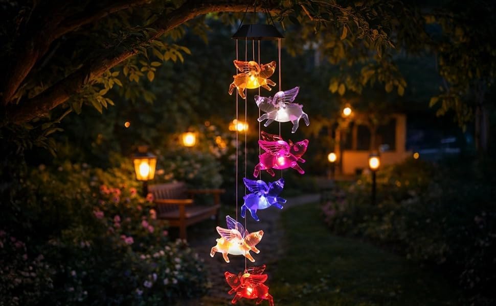 Flying Pig Wind Chime, Solar 6-Led, Black Shell, 31.5 In / 80 Cm Outdoor Mobile Decor, Color Changing Light, Pet Lover Gift - Image 6