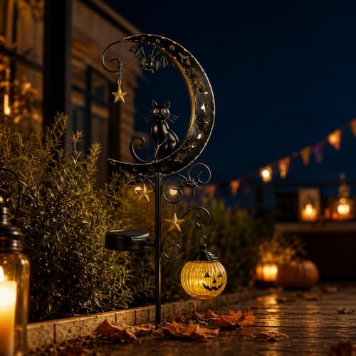 Halloween Solar Garden Stake Light Crescent Moon Black Cat - Image 7