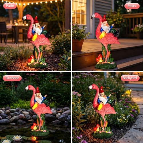 Candieslife Middle Finger Gnome Riding Flamingo 13in, Funny Garden Statue Solar Powered Outdoor Yard Decor with LED Beer Bottle & Mushrooms, Waterproof Naughty Lawn Ornament Gag Gift for Patio, Porch - Image 6