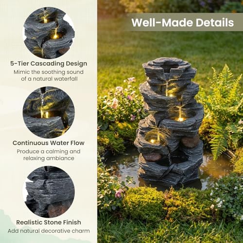 Giantex 5-Tier Water Fountain Outdoor, 18 Inch Cascading Stacked Stone Waterfall Fountain with Lights & Pump, Outside Zen Water Feature for Patio, Balcony, Deck, Garden, Yard Decor - Image 5