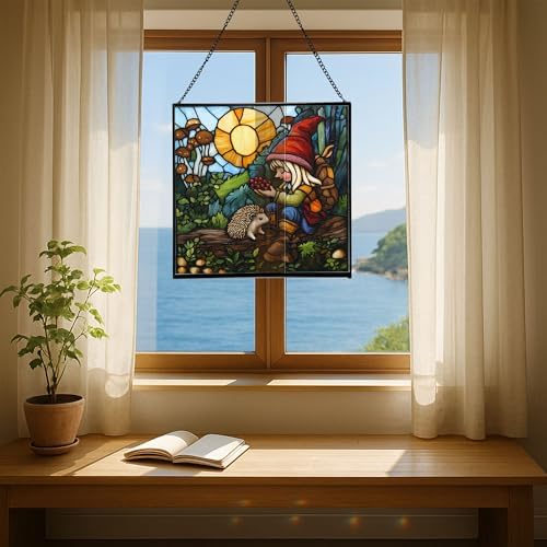 Gnome with pet Stained Glass Suncatcher – Square Hanging Window Panel for Home, Garden, Nursery, Halloween, Christmas, Memorial Day – Whimsical Glass Art Gift for Gnome Lovers unif14 - Image 6