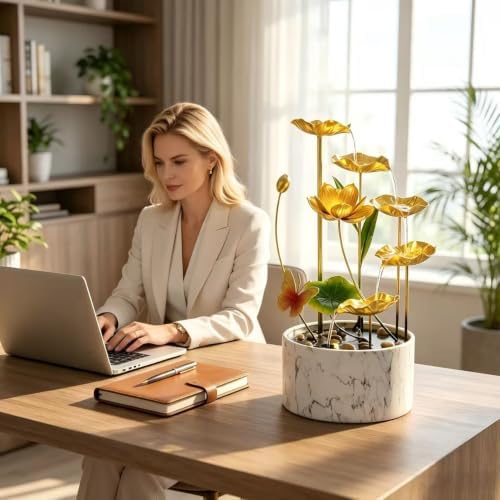 16 Inch Gold LED Metal Tabletop Water Fountain, Indoor Relaxing Waterfall Feature for Desk, Living Room, Office Decor - Image 4