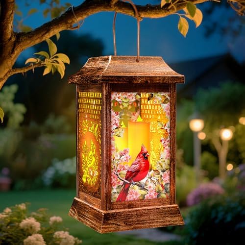Cardinal Solar Lanterns Outdoor Waterproof, Metal & Glass Hanging Lights Garden Decor, Birthday Gifts for Women Mom Grandma Mothers Day, Decorative Lights for Outside Yard Patio Backyard Porch by yulloyello
