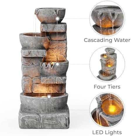 Teamson Home 33.25 in. Cascading Bowls and Stacked Stones LED Outdoor Water Fountain for Gardens, Landscaping, Patios, Balconies, and Lawns for a Calming Oasis in Outdoor Living Spaces, Stone Gray - Image 5