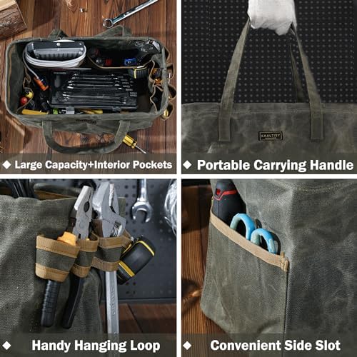 Canvas Tool Tote Bag | 16OZ Waxed Canvas Tool Carrying Bag - with 8 Pockets & Top Metal Support Rods, Rectangular Top Open Tool Tote Bag for Chisels Wrench Hammer Level | Army Green - Image 5