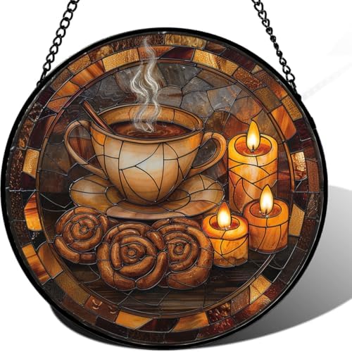 9.84 Inch Candlelight Coffee Haven Stained Glass Window Hanging Window Suncatcher Glass Panel with Metal Chain Sun Catchers Wall Art Home Decor Gift for Women Mother's Day by Unknown