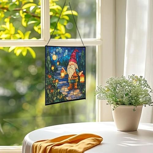 Lantern Path Gnome Stained Glass Suncatcher – Square Hanging Window Panel for Home or Greenhouse – Whimsical Glass Art Gift for Garden Lovers, Christmas, Halloween, Father Days B4TKHr - Image 3