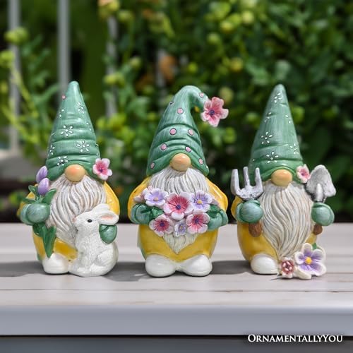 Spring & Summer-Themed Garden Statues – Adorable Outdoor Decor for Lawn, Patio & Porch (Garden Guardians Set of Three 6" Gardening Gnome Figurines, Floral Green and Yellow Statue Decor) - Image 3