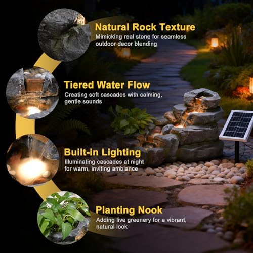 38.2" L Solar Water Fountain Outdoor Garden 5 Tiers Floor Standing Rock Natural Waterfall Outdoor Fountains with LED Lights and Planting Pot for Patio, Porch,Backyard,Home Art Decor - Image 4