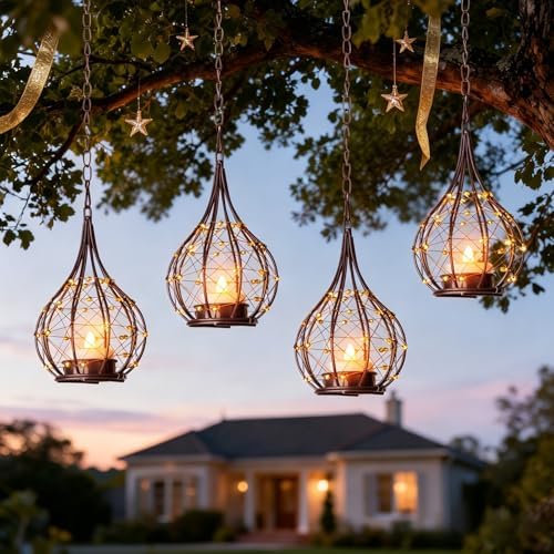 Hanging Solar Lanterns 4 Pack Outdoor Waterproof, Teardrop Wire Cage Beaded Vintage Candle Lantern with 4 Solar Tea Lights, Hanging Solar Lights for Outside Tree Patio Garden Backyard Porch Yard by TWINKVILLA