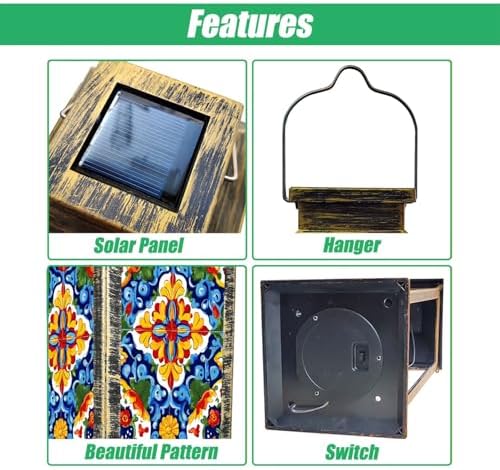 Solar Lantern Mexican Talavera Ceramic Tile Seamless Folklore Flower Texture Outdoor Waterproof Hanging Solar Light Outside Lights for Patio Yard House Lawn Decor Birthday Gifts for Women Mom - Image 3