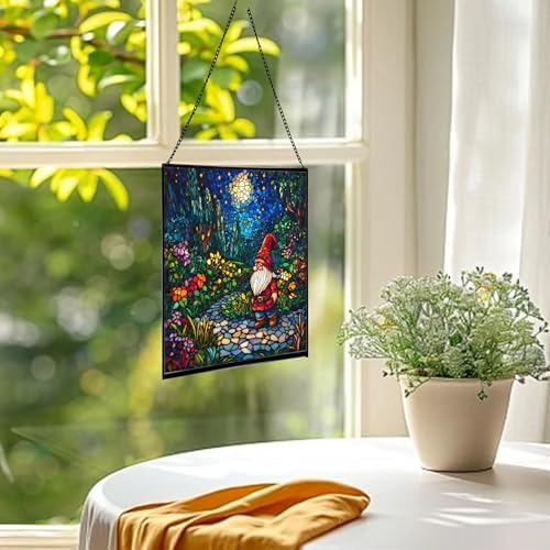 Twilight Garden Gnome Stroll Stained Glass Suncatcher – Square Hanging Window Panel for Home or Greenhouse – Whimsical Glass Art Gift for Garden Lovers, Christmas, Halloween, Father Days Ye2sh0 - Image 3