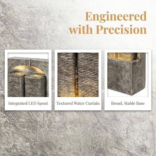 39 Inch Slate Textured Wall Water Fountain with LED Lights, Weatherproof Resin Fiberglass Freestanding Cascading Water Feature Out Patio for Backyard Indoor Entryway Decor - Image 6