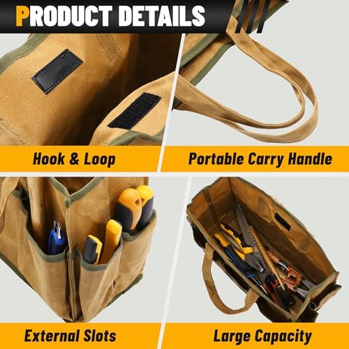 16OZ Waxed Canvas Tool Tote Bag | Large-Capacity Tool Storage Tote with 10 External Pockets | Multi-Purpose Garden Tool Carrier for Gardening, Wrench, and Carpentry Tools – Khaki - Image 3